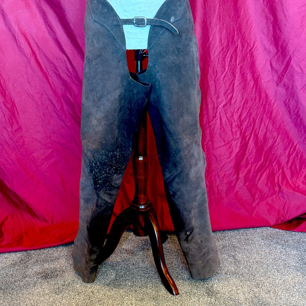 full leather riding chaps grey suede 
adjustable at front and back closure